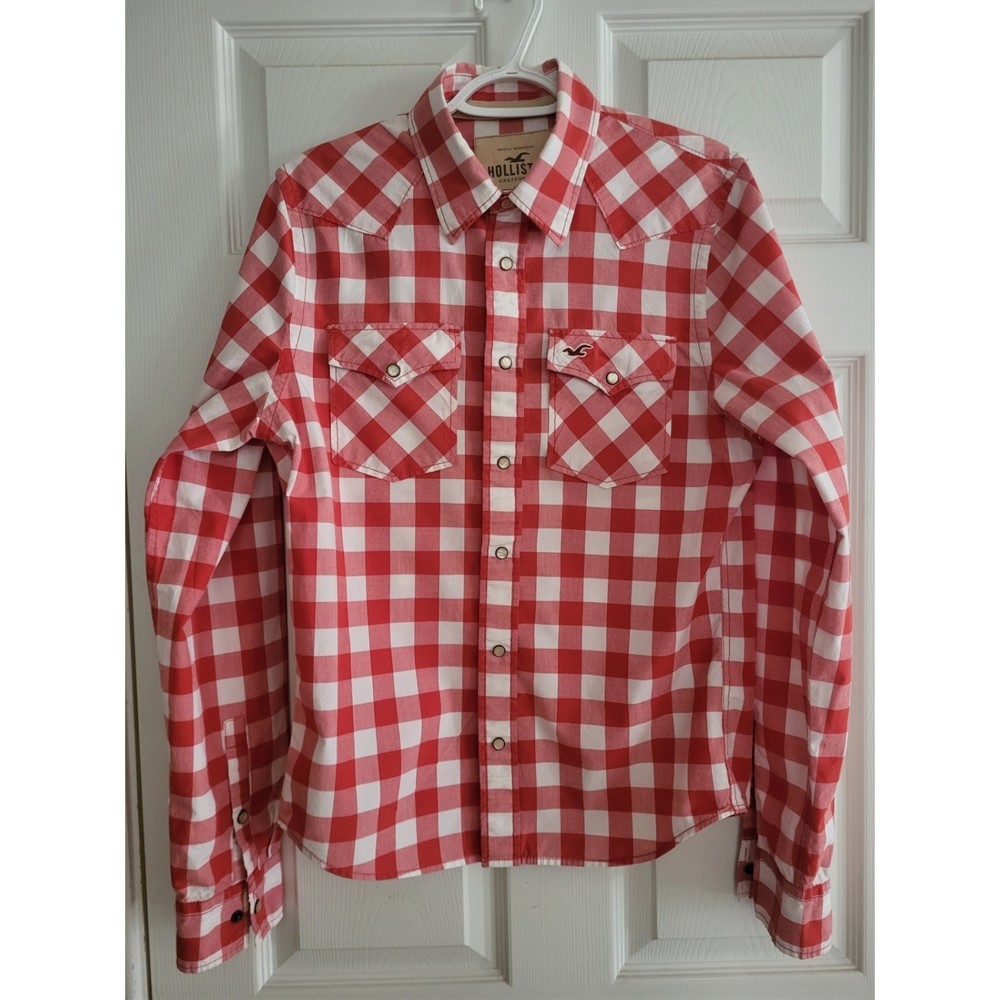 Hollister Red and White Check Shirt Mens
